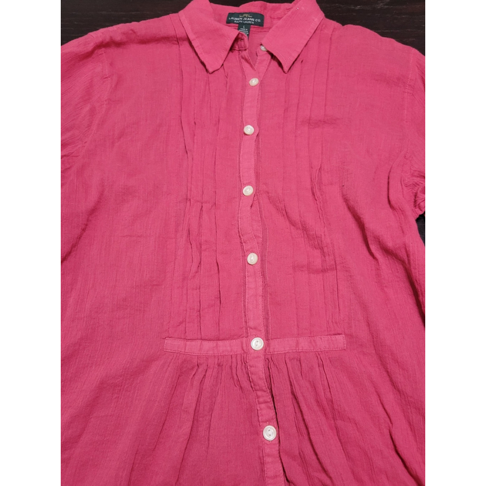 Lauren Ralph Lauren Shirt Women L Pink Pintuck Pleated Gauzy 100% Cotton